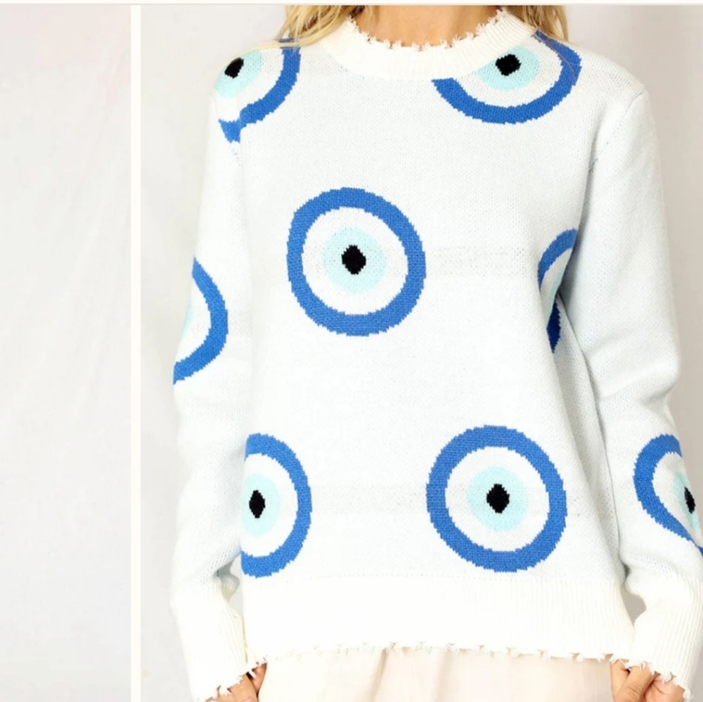 Blue and White Evil Eye Frayed Edges  Patterned Sweater Size L/XL NWOT
